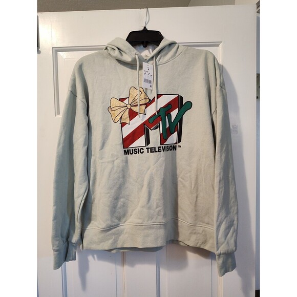 NWT MTV Music Television Hooded Holiday Sweater Aqua Medium Hoodie Sweater - Picture 6 of 16